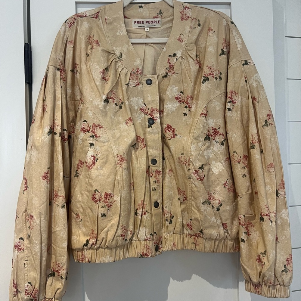 Free People Floral Tan Bomber Jacket